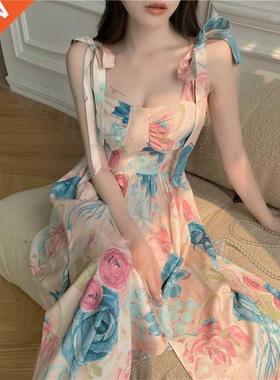 2022 new gentle floral skirt ow tie square ong French dress