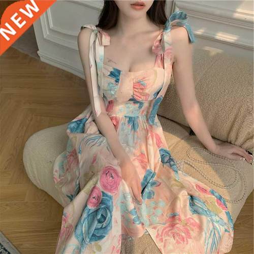 2022 new gentle floral skirt ow tie square ong French dress