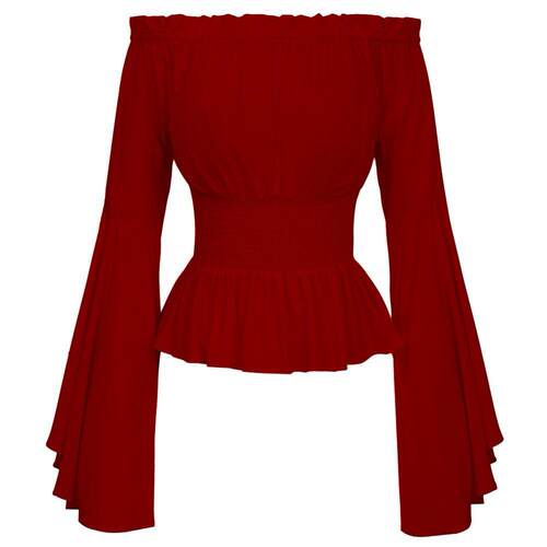 Women Medieval Renaissance Solid Color Bell Sleeve Ruffled O
