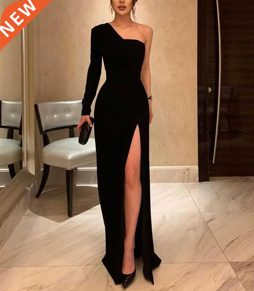One Shoulder Satin Long Black Mermaid Evening Dresses with S图片