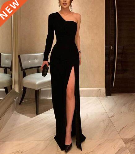 One Shoulder Satin Long Black Mermaid Evening Dresses with S