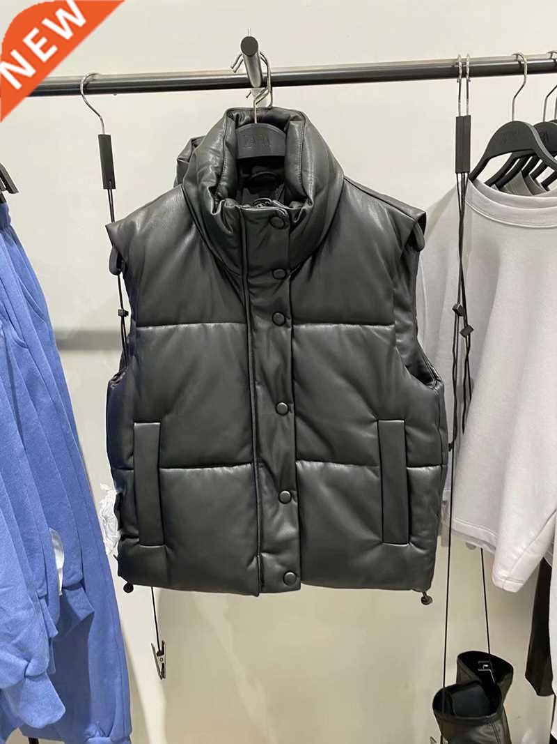 ZA Black Warm Vest jacket women Casual Zipper Faux Leather c图片
