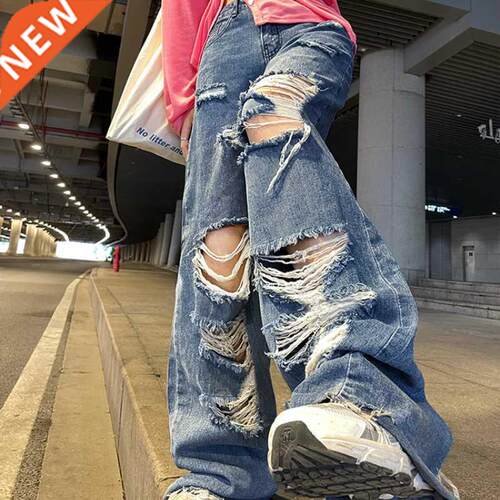 Spring And Autumn women's ripped jeans high waist loose stra