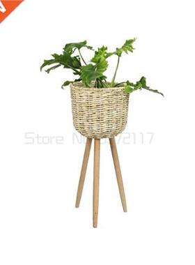 Wooden flower stand high and low flowerpot plant pot straw