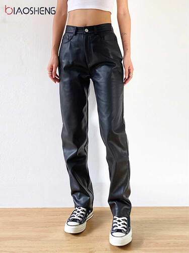 Cargo Pants Women Black Faux Leather Pants High Waist Pants