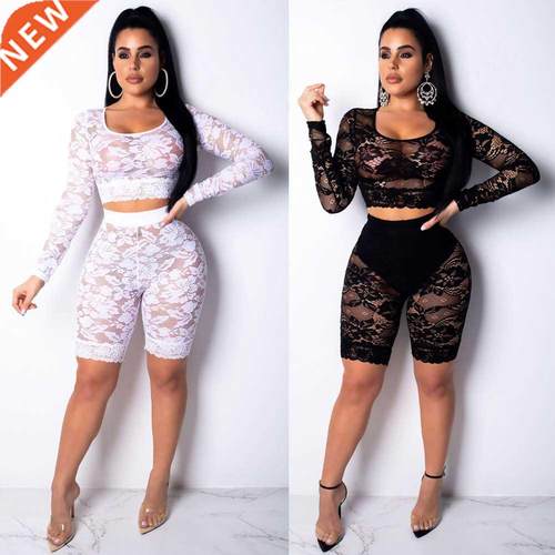 Summer Women's 2PCS/Set Crop Lace Top Shorts Cover Up Lace C