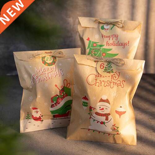 24Sets Christmas Kraft Paper Bags Santa Claus Snowman Fox Ho