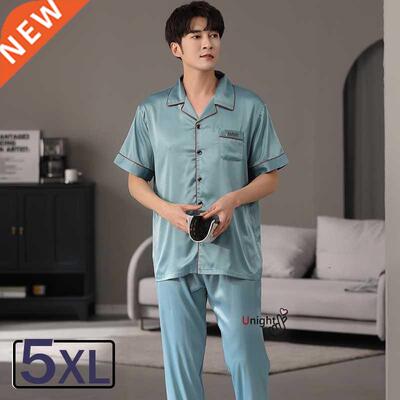 5XL Summer Pajamas Sets For Men Silk Satin Turn-down Shorts