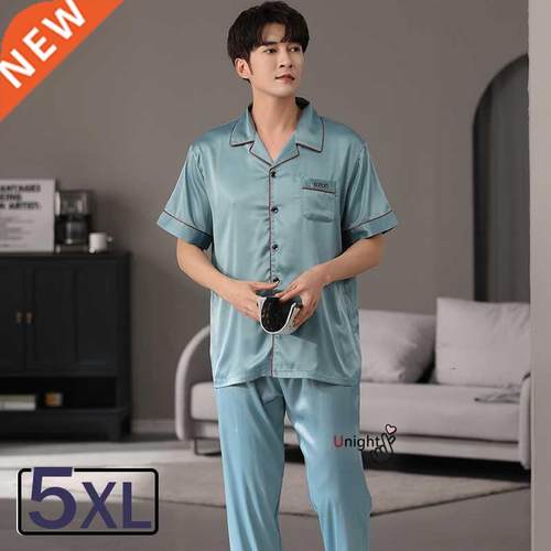 5XL Summer Pajamas Sets For Men Silk Satin Turn-down Shorts