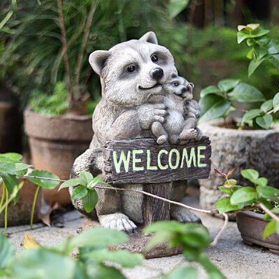 Garden Sculpture Cartoon Raccoon Shape Statue with Welcome