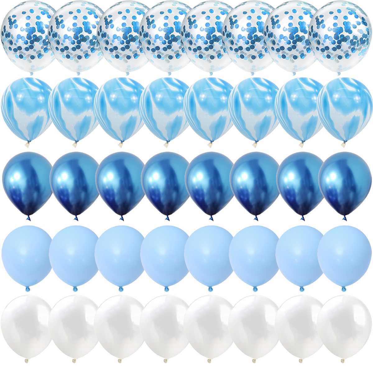 40 Pcs Blue Set Agate Marble Balloons Silver Confetti Balloo