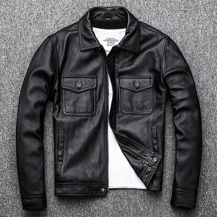 Free Shipping.Genuine Leather jacket.Winter casual black Men