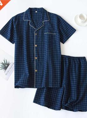 Men's Short-sleeved Shorts Sets Summer Thin Yarn-dyed Lounge