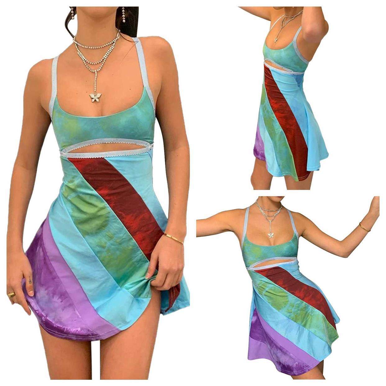 Contrast Color U-neck Hollow A-line Dress Womens Casual Susp