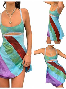 Contrast Color U-neck Hollow A-line Dress Womens Casual Susp