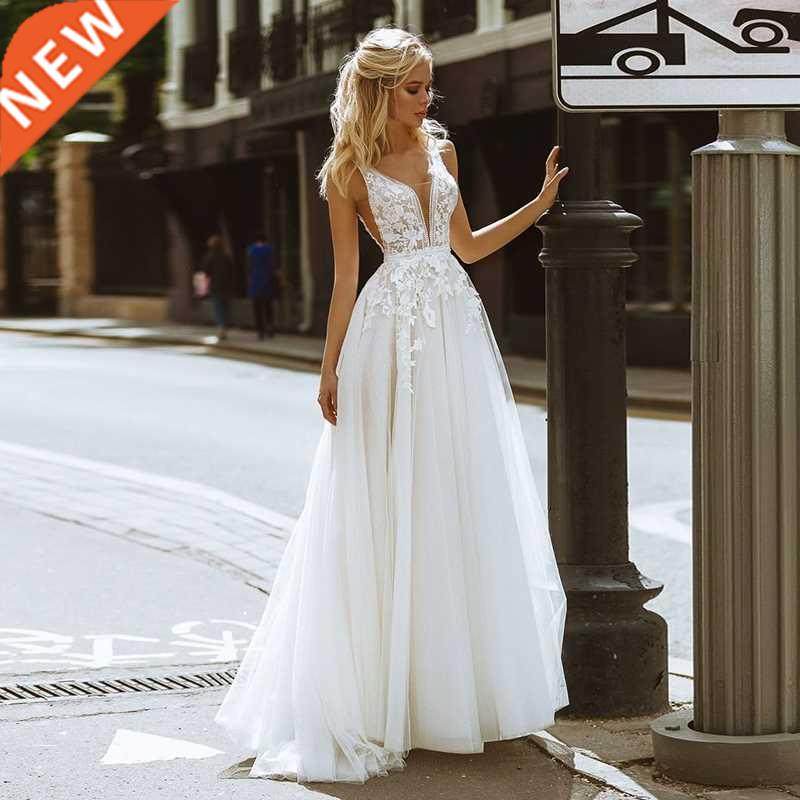 Eightale Boho Wedding Dresses V-Neck Appliques Lace A-Line T - 实物图