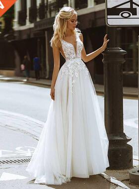 Eightale Boho Wedding Dresses V-Neck Appliques Lace A-Line T