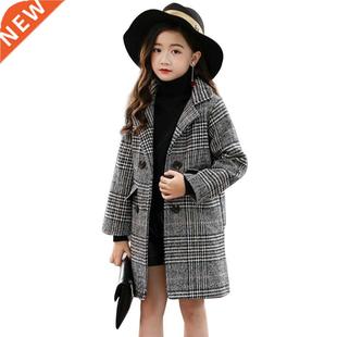 Girls Coat Fashion Plaid Wool Coat For Girls Double-breasted