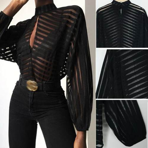 Sexy Black Women Mesh Sheer Blouses Ladies Long Sleeve Strip
