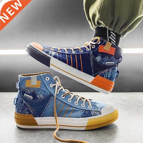 Men Casual High Top Shoes Chunky Mans Denim Blue Black Spor