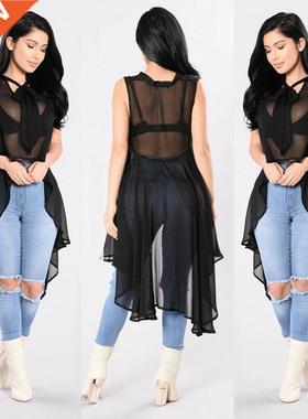 Women Sexy Transparent Fluoroscopy Sleeveless Loose Blouse C