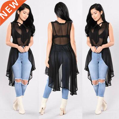 Women Sexy Transparent Fluoroscopy Sleeveless Loose Blouse C