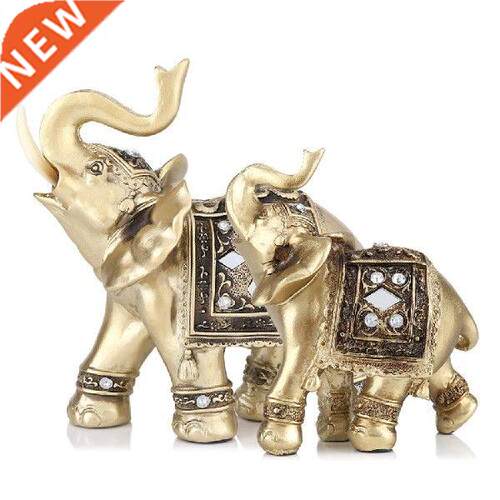 Golden Resin Elephant Statue Lucky Feng Shui Elegant