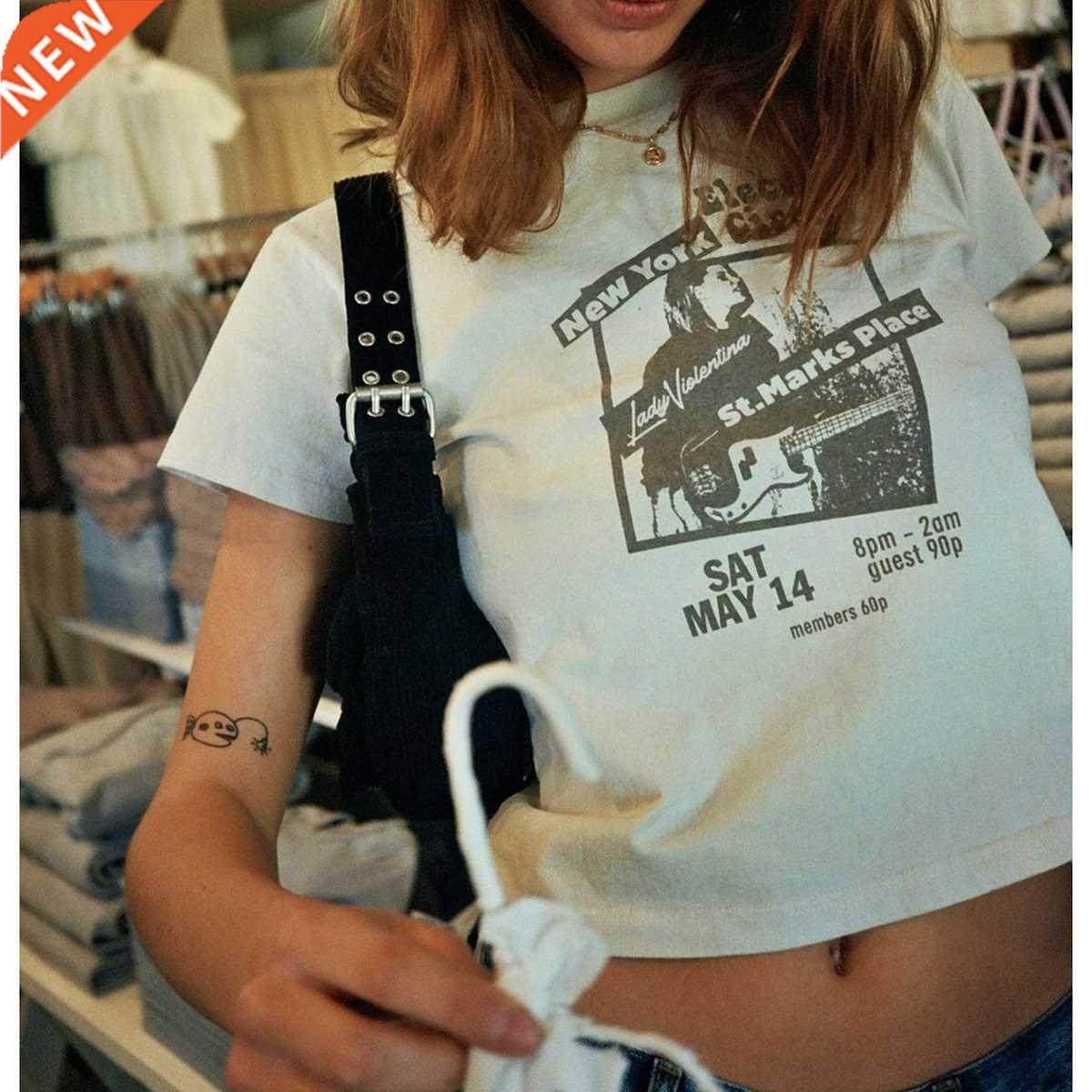90s Vintage Guitar Crop Top Women Summer Round Neck Short Sl