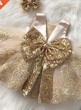 2022 Summer Sequin Big Bow Baby Girl Dress 1st Birthday Part