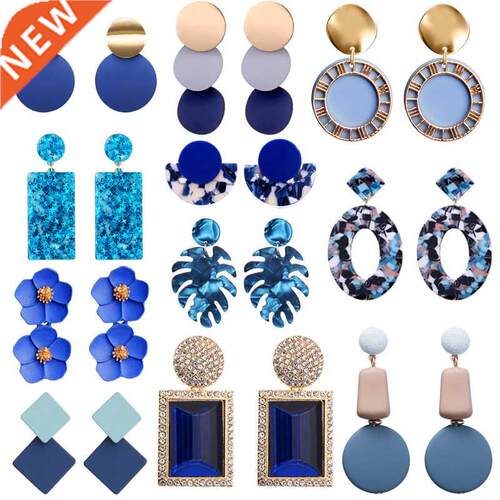 Korean Round Acrylic Resin Blue Earrings for Women Sky Sea C