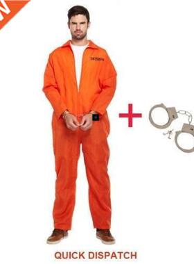 Mens Halloween Orange Jumpsuit Convict prisoner Costume Cos