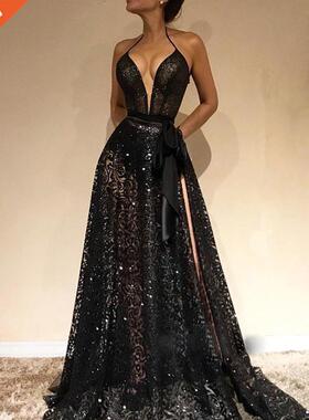 sexy deep v sleeveless halter evening dress for summer 2019