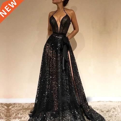 sexy deep v sleeveless halter evening dress for summer 2019