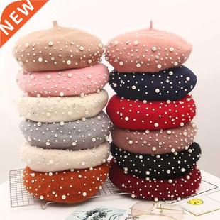 Wool berets Women Winter pearl beret Hat Girl 珍珠毛呢贝雷帽