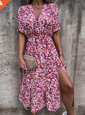 Summer Floral Print Dress Women V Neck Side Slit Long Dress