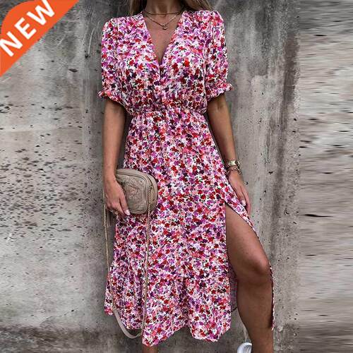 Summer Floral Print Dress Women V Neck Side Slit Long Dress