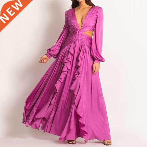 Ellafads Woman Dress High Waist V-neck Women's Dress Pleate