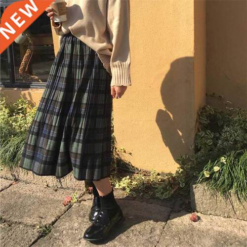 Vintage Wool Pleated Plaid Skirt Women High Waist Plus Size