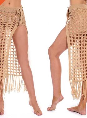 Women’s Sexy Sheer Hollow Out Beach Maxi Knit Skirt Split T