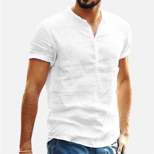 Men Linen Shirts Short Sleeve Breathable Men's Baggy Casual