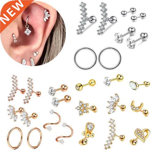 Stainless Steel Crystal Cartilage Earring Set 16G Heart Ear