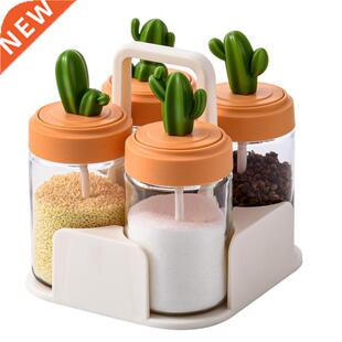 Kitchen Spice Jar Set Glass Cactus Lid Decor Spice Container