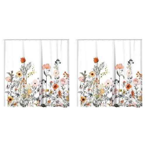 2Pcs Floral Shower Curtain With 24 Hooks Watercolor