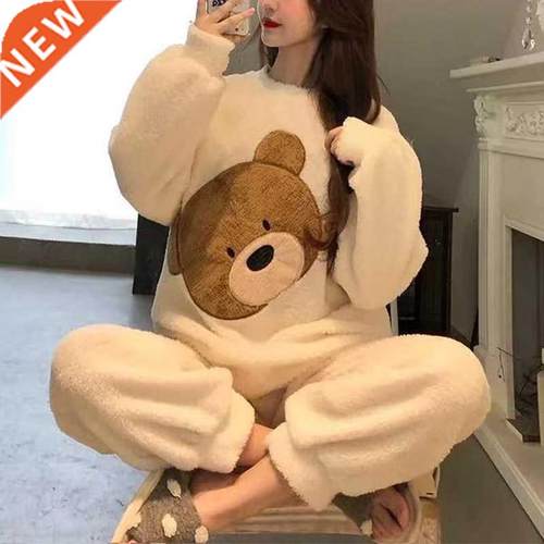Women's Pajamas Sets Flannel Cartoon Sleepwear Winter Warm N