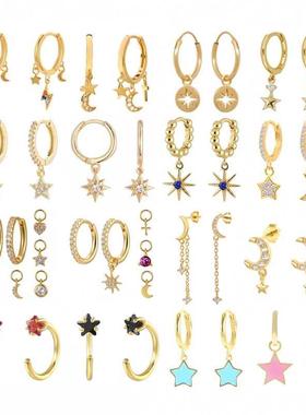 Pendientes plata 925 Moon Star Dangle Earrings 925 Sterling