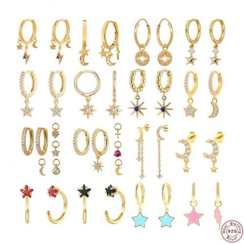 Pendientes plata 925 Moon Star Dangle Earrings 925 Sterling