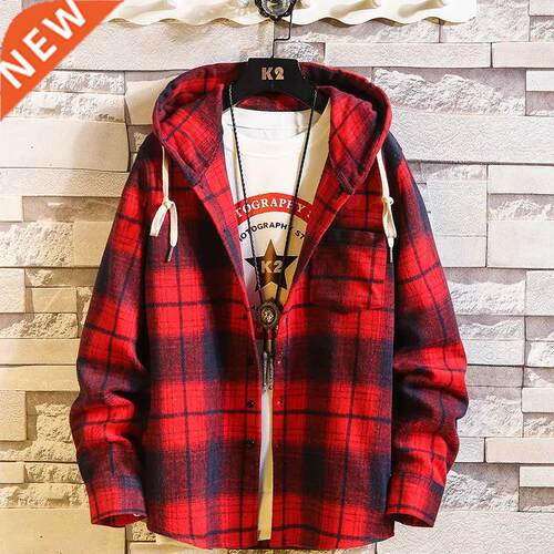Casual Brand With Hooded Plaid Shirt Men'S Fleece Red Shirts