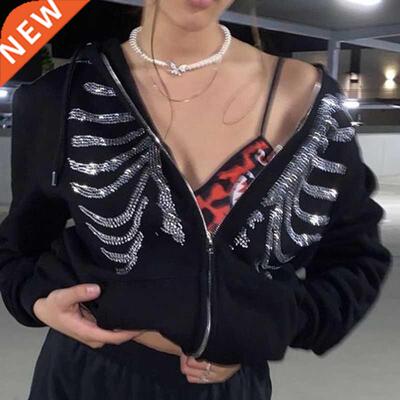 Y2K Rhinestone Skeleton Zip Up Oversized Sweatshirts 2021 Su