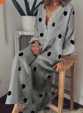 Polka Dot Maxi Dress V-Neck Long Sleeve Casual Boho Beach Dr