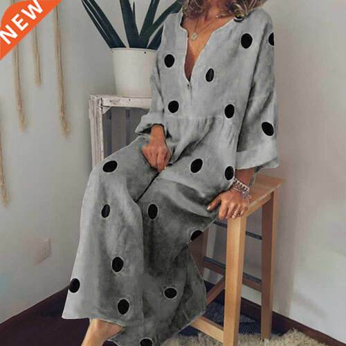 Polka Dot Maxi Dress V-Neck Long Sleeve Casual Boho Beach Dr